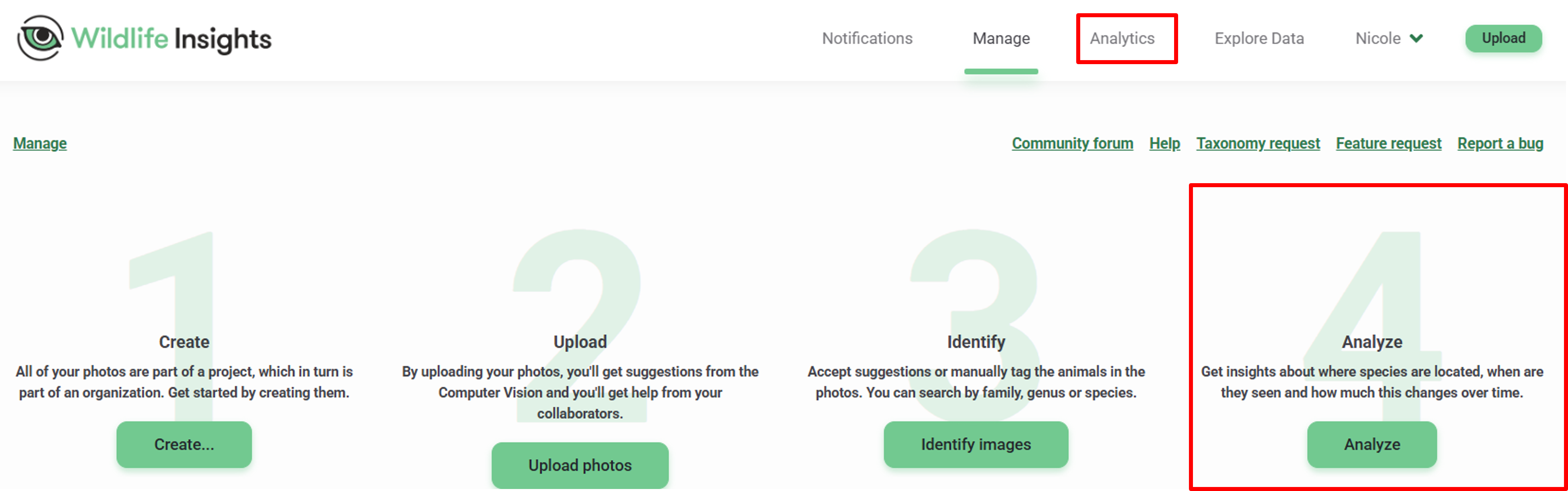 Screenshot of Analyze button from the Manage page and the Analytics button on the top navigation menu