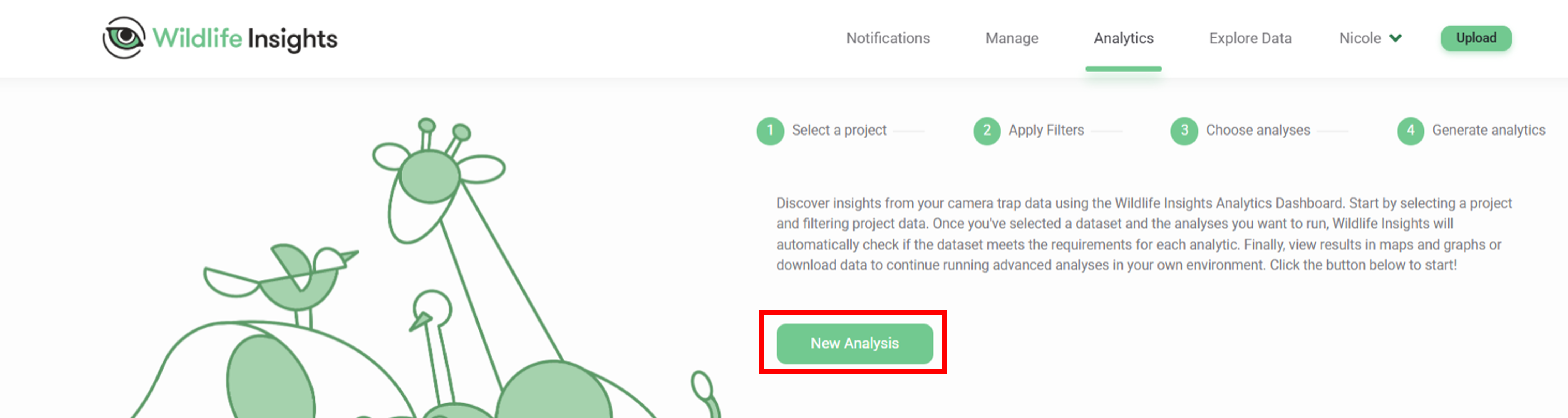 Screenshot of the Analytics page showing the steps and the New Analysis button