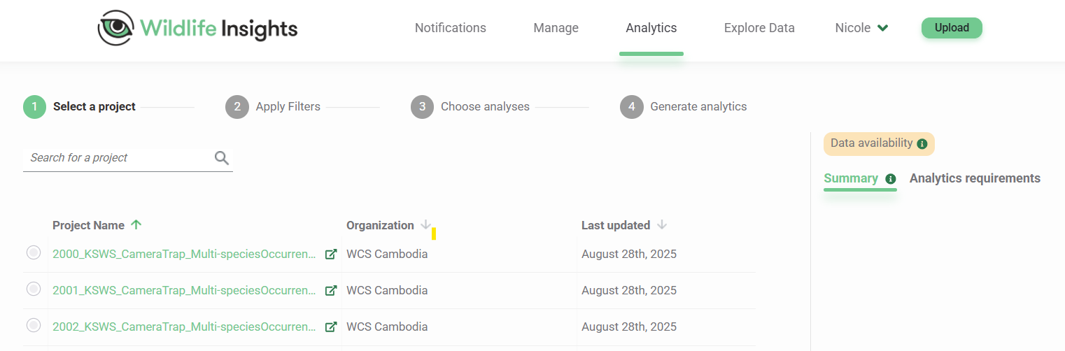 Screenshot of the Analytics page showing the steps and the New Analysis button