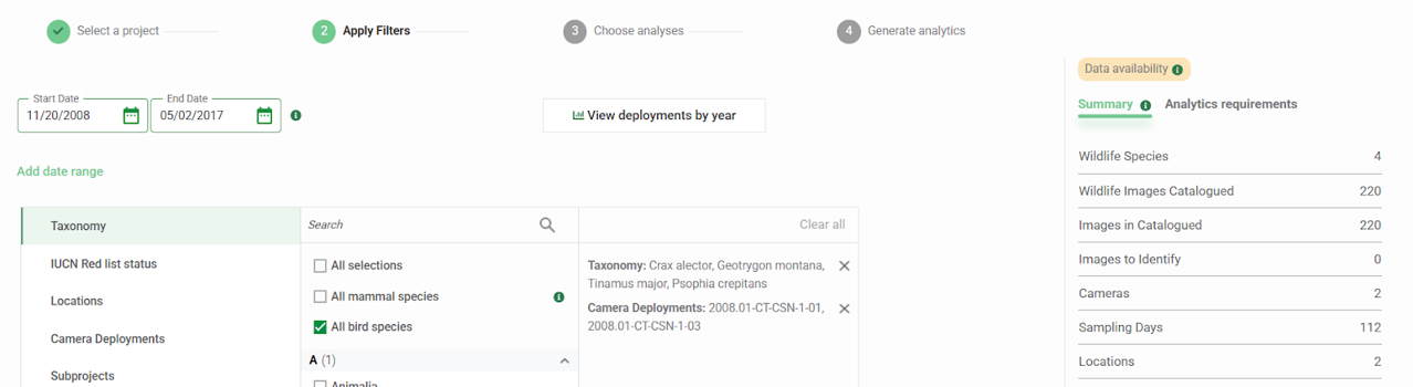 Screenshot of other filters for an analysis