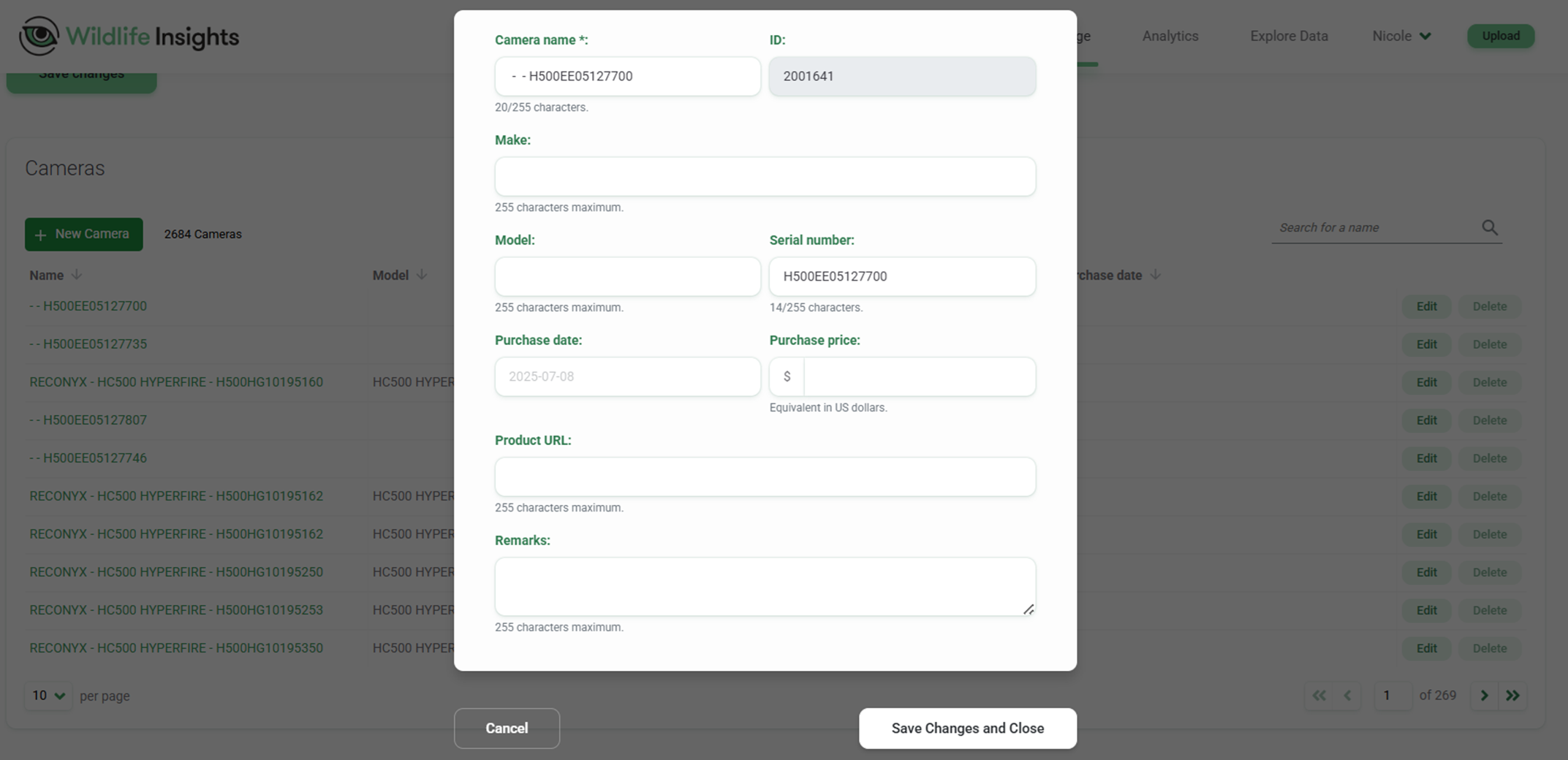 Screenshot of camera details screen
