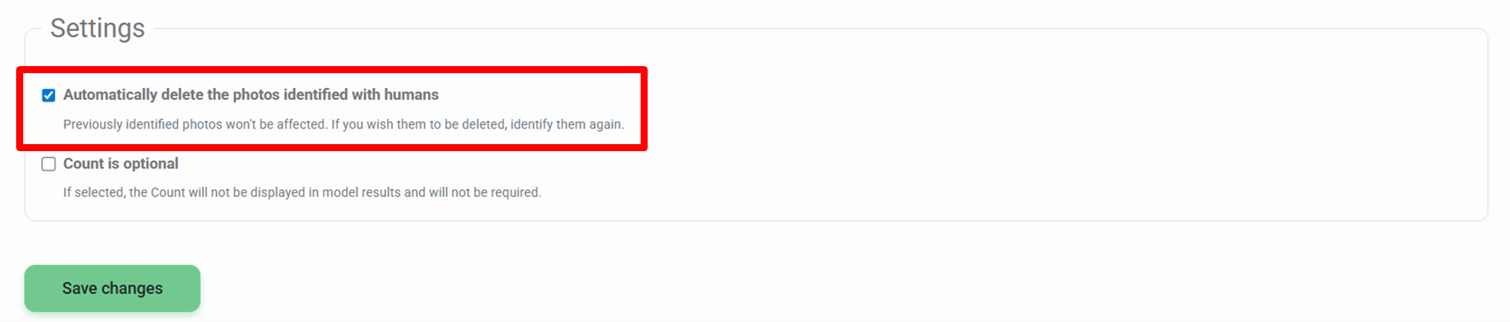 Delete images of humans option Screenshot of delete images of humans option in Project details