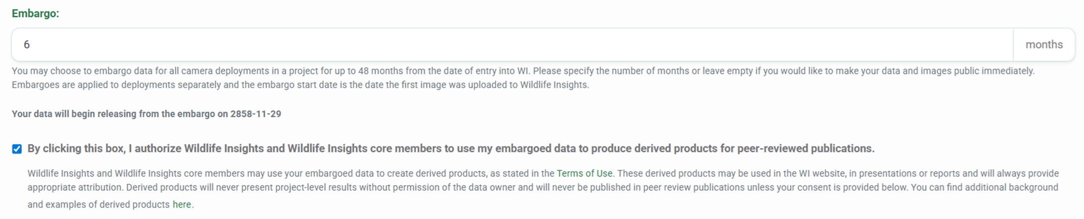 Project embargo fields Screenshot of the project embargo fields in Project Details