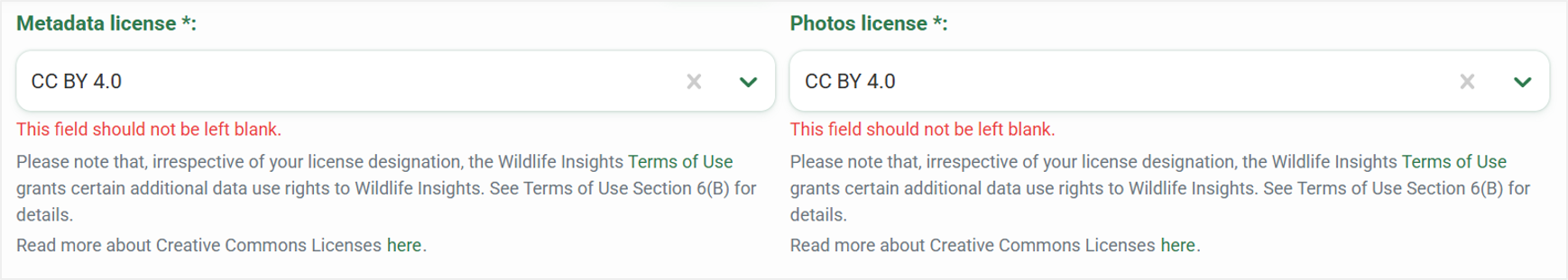 Project license fields Screenshot of license fields in Project details