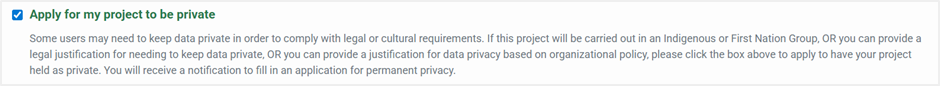 Apply for my project to be private option Screenshot of the Apply for my project to be private option in Project details