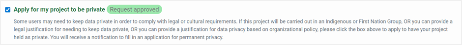 Private project request with approved status Screenshot of a private project request with approved status in project details