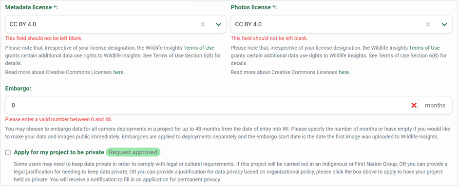 License and embargo fields for approved private project Screenshot of the metadata and photo license and Embargo fields on the Project Details page