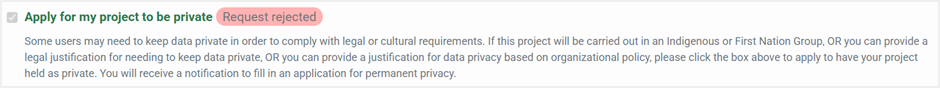 Private project request with rejected status Screenshot of a private project request with rejected status in project details