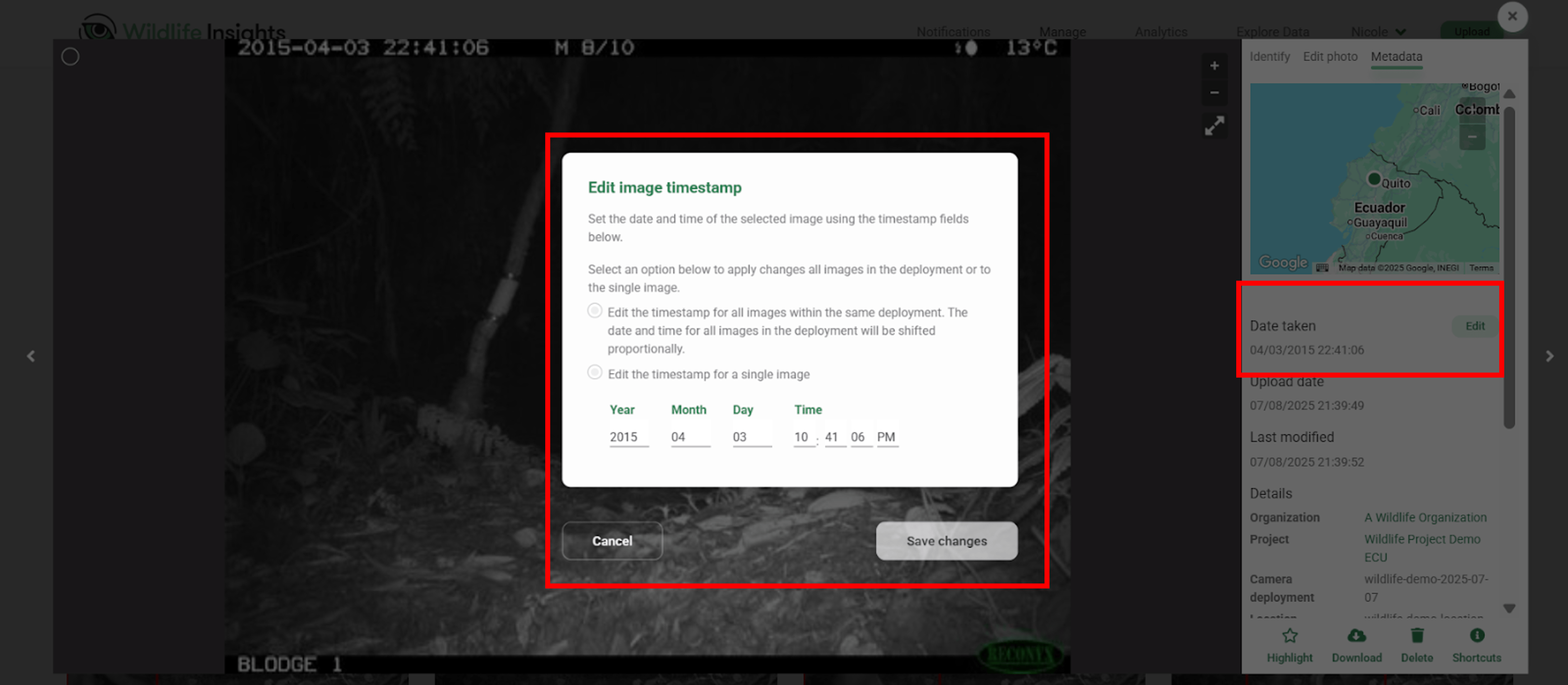 Screenshot of Edit Image Timestamp option