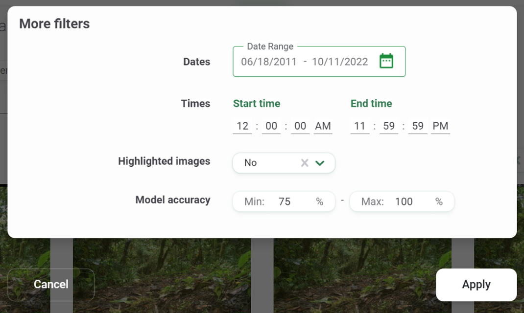 Screenshot of the More filters options for the Identify tab of a Project page 