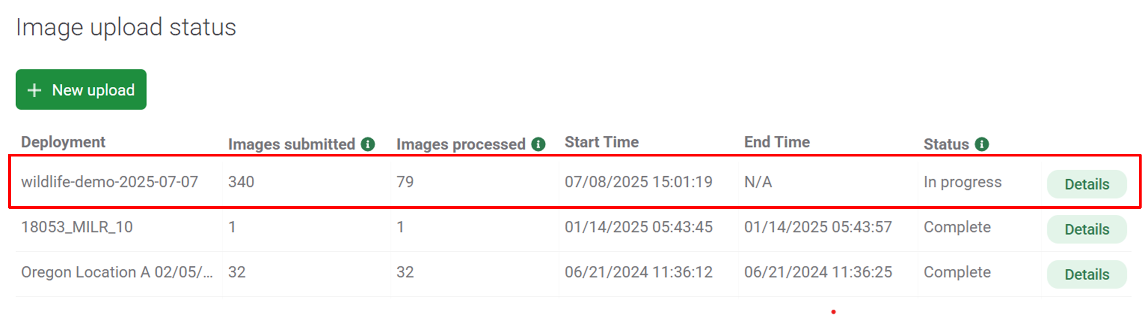 Screenshot of the image upload status table in the Uploads tab of a Project page