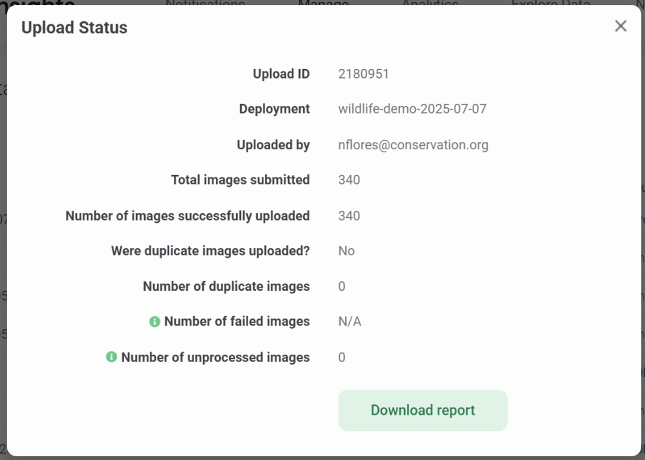 Screenshot of image upload status details