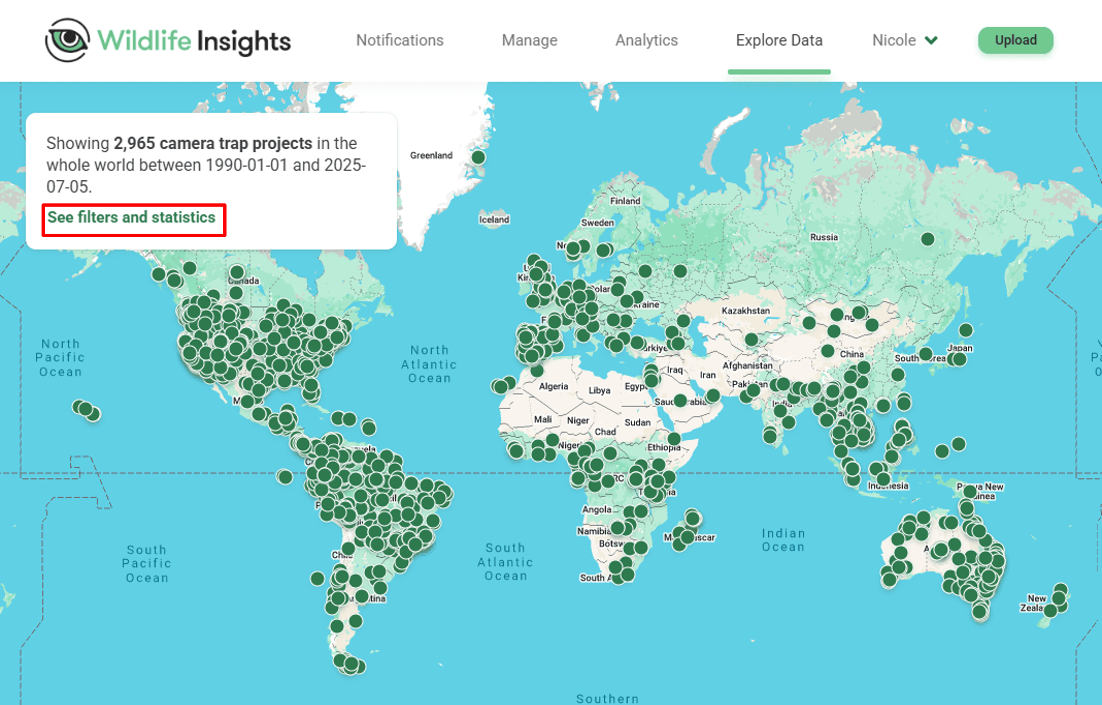 Screenshot of See filters and statistics link on the Explore page