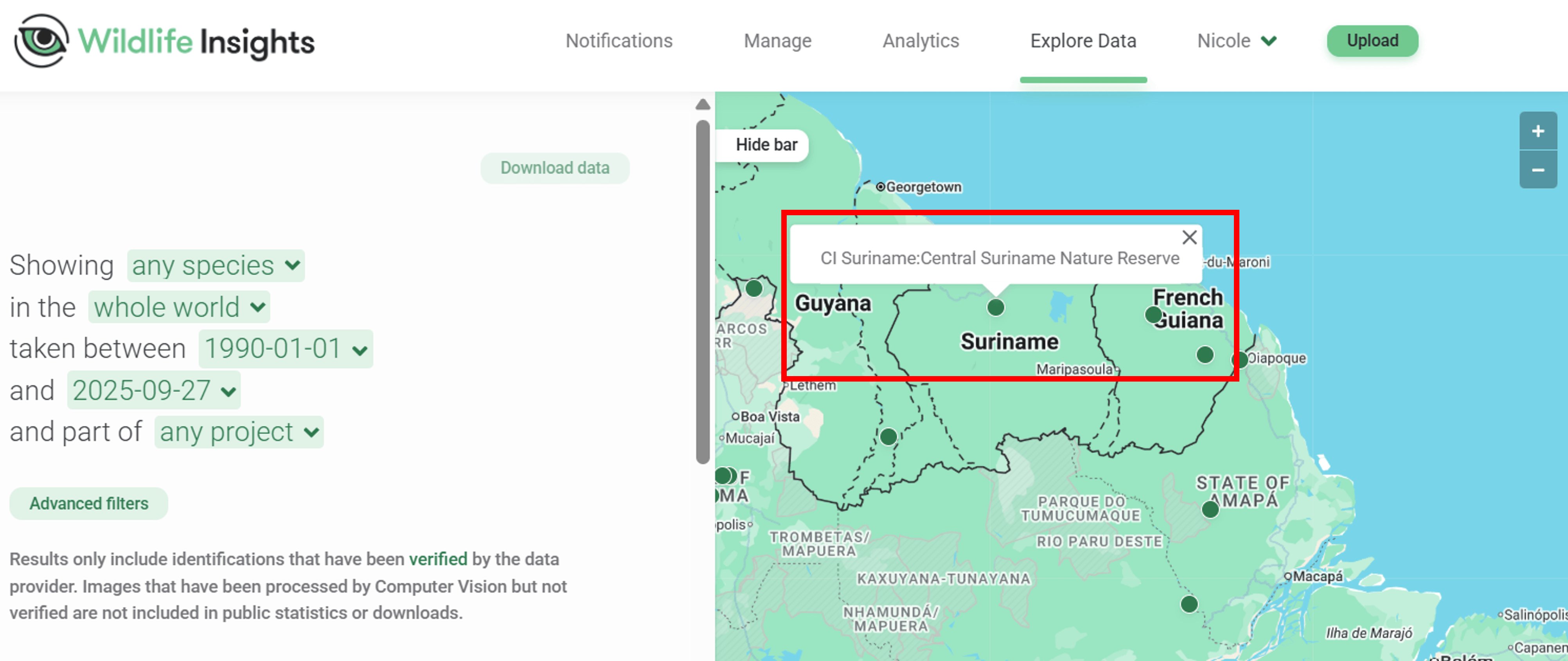 Screenshot of the Explore page showing a project on the map