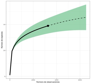 Rarefaction curve for KMPA: registered species as a function of collected observations. The dotted line shows the observed trend; the solid line projects expected diversity with additional sampling.